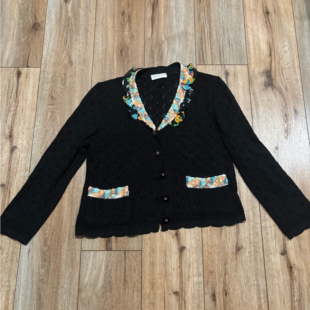 Euro Knit Cardigan with Sequin Pockets and Chiffon Ruffle Collar by Botto